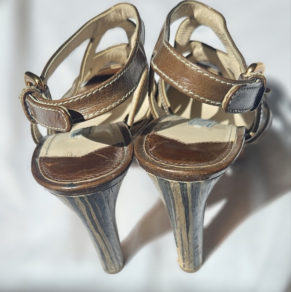 PRADA Brown Leather Caged Sandals Striped Wooden Heels Ankle Strap 36.5/6.5 Flaw - Picture 8 of 8